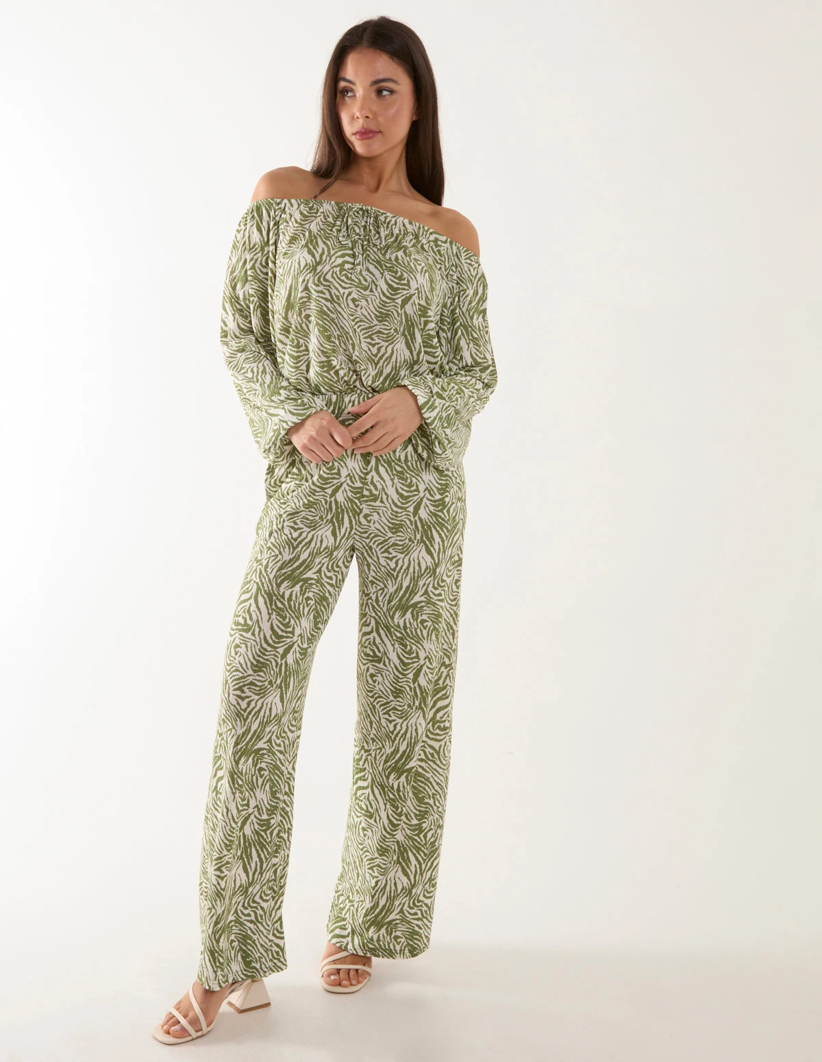 Off The Shoulder Top And Wide Leg Trousers Set(Green Off The Shoulder Top And Wide Leg Trousers Set) 3 Off The Shoulder Top And Wide Leg Trousers Set(Green Off The Shoulder Top And Wide Leg Trousers Set) - Image 3