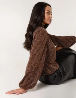 Lurex Puffball High Neck Blouse(Bronze Lurex Puffball High Neck Blouse)