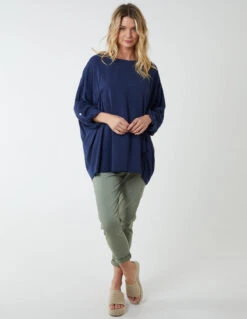 Double Twist Oversize Turn Back Sleeve Top -Repertoire Fashion Store BV2549 NAVY 5381