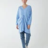 Twist Front Cotton Tunic With Side Pocket -Repertoire Fashion Store BV2561 BLUE 3170