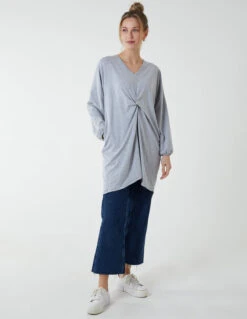 Twist Front Cotton Tunic With Side Pocket(Grey Twist Front Cotton Tunic With Side Pocket 1)