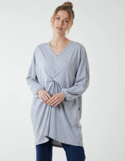 Twist Front Cotton Tunic With Side Pocket(Grey Twist Front Cotton Tunic With Side Pocket 1) -Repertoire Fashion Store BV2561 GREY 3570