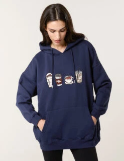 Coffee Embroidered Hoodie(Navy Coffee Embroidered Hoodie)