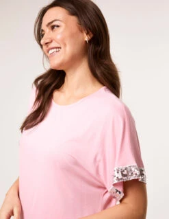 Sequin Trim Oversized Top(Pink Sequin Trim Oversized Top)