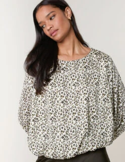 Leopard Print Elasticated Hem Blouse(Beige Leopard Print Elasticated Hem Blouse)