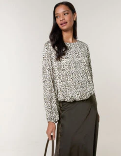 Leopard Print Elasticated Hem Blouse(Beige Leopard Print Elasticated Hem Blouse) -Repertoire Fashion Store BV258403 KHAKI 17147