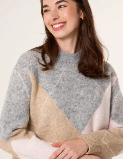Argyle Knitted Crew Neck Jumper(Argyle Knitted Crew Neck Jumper) -Repertoire Fashion Store BV258511 GREYPINK 38132