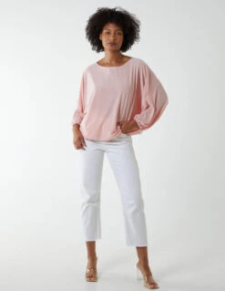 Batwing Necklace Elasticated Hem Top -Repertoire Fashion Store BV2606 PINK 15983