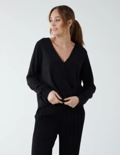Crossover Woven Plain Blouse(Black Crossover Woven Plain Blouse)
