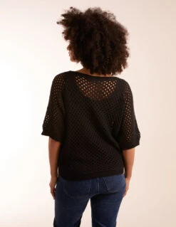 Crochet V Neck Top(Black Crochet V Neck Top) -Repertoire Fashion Store BV2787 BLACK 10452