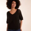 Crochet V Neck Top(Black Crochet V Neck Top) -Repertoire Fashion Store BV2787 BLACK 10476