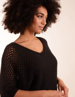 Crochet V Neck Top(Black Crochet V Neck Top) -Repertoire Fashion Store BV2787 BLACK 10487