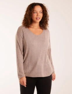 V-Neck Ribbed Jumper(Mocha V Neck Ribbed Jumper) -Repertoire Fashion Store BV3206 MOCHA 19907