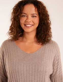 V-Neck Ribbed Jumper(Mocha V Neck Ribbed Jumper) -Repertoire Fashion Store BV3206 MOCHA 19925