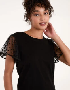 Polka Dot Mesh Sleeve T-shirt(Black Polka Dot Mesh Sleeve T Shirt) -Repertoire Fashion Store BV3235003 136267
