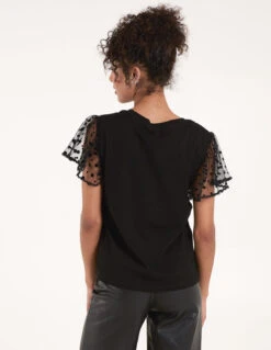 Polka Dot Mesh Sleeve T-shirt(Black Polka Dot Mesh Sleeve T Shirt) -Repertoire Fashion Store BV3235003 136269