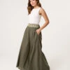 Wide Leg Embellished Linen Trousers(Green Wide Leg Embellished Trouser)