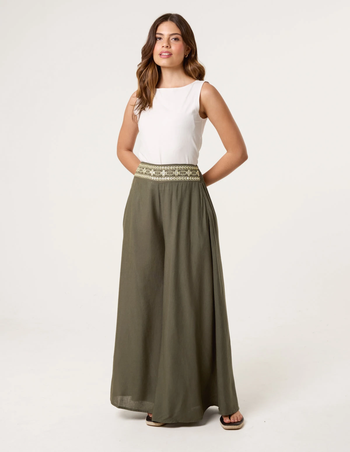Wide Leg Embellished Linen Trousers(Green Wide Leg Embellished Trouser) 3 Wide Leg Embellished Linen Trousers(Green Wide Leg Embellished Trouser) - Image 3