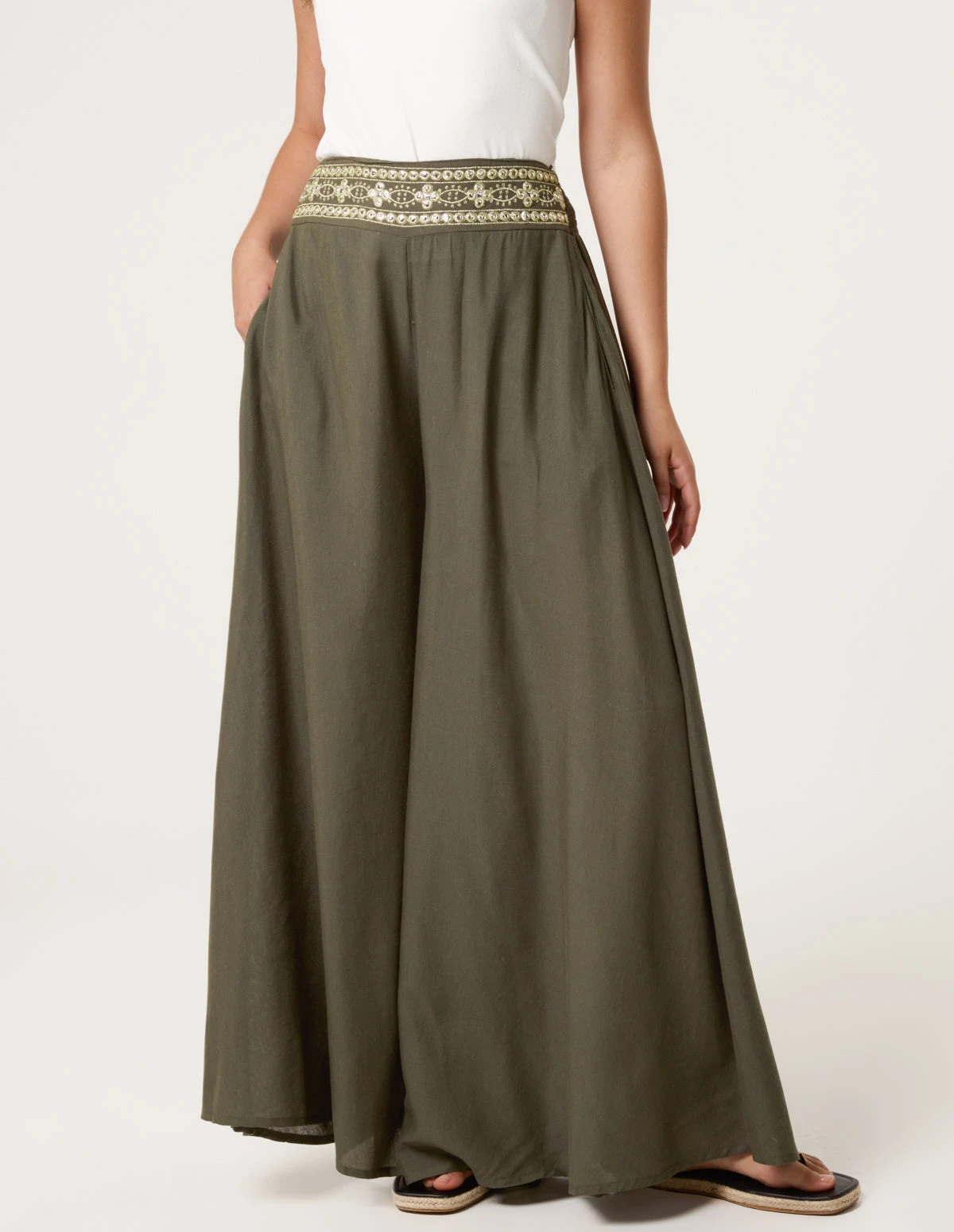 Wide Leg Embellished Linen Trousers(Green Wide Leg Embellished Trouser) 2 Wide Leg Embellished Linen Trousers(Green Wide Leg Embellished Trouser) - Image 2