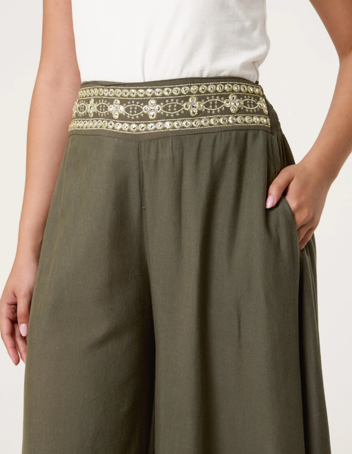 Wide Leg Embellished Linen Trousers(Green Wide Leg Embellished Trouser) 4 Wide Leg Embellished Linen Trousers(Green Wide Leg Embellished Trouser) - Image 4