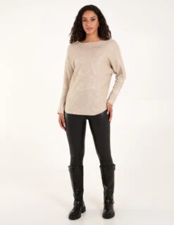 Foil Leaf Print Round Neck Jumper(Foil Leaf Print Round Neck Jumper) 6 Foil Leaf Print Round Neck Jumper(Foil Leaf Print Round Neck Jumper) -Repertoire Fashion Store BV3320 BEIGE 12099