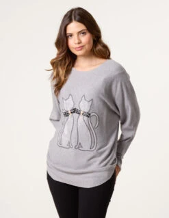 Embellished Cat Jumper(Grey Embellished Cat Jumper)