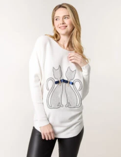 Embellished Cat Jumper(White Embellished Cat Jumper)