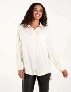 Embellished Collar & Cuff Satin Shirt(Embellished Collar Cuff Satin Shirt) -Repertoire Fashion Store BV3345 CREAM 12296