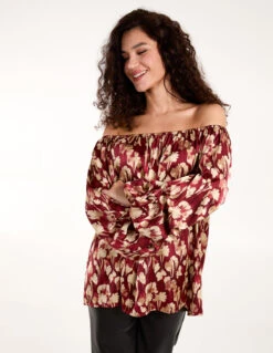 Floral Ruched Sleeve Bardot(Floral Ruched Sleeve Bardot)