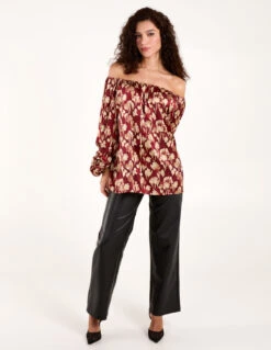 Floral Ruched Sleeve Bardot(Floral Ruched Sleeve Bardot) -Repertoire Fashion Store BV3403 BURGUNDY