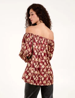 Floral Ruched Sleeve Bardot(Floral Ruched Sleeve Bardot) -Repertoire Fashion Store BV3403 BURGUNDY 4