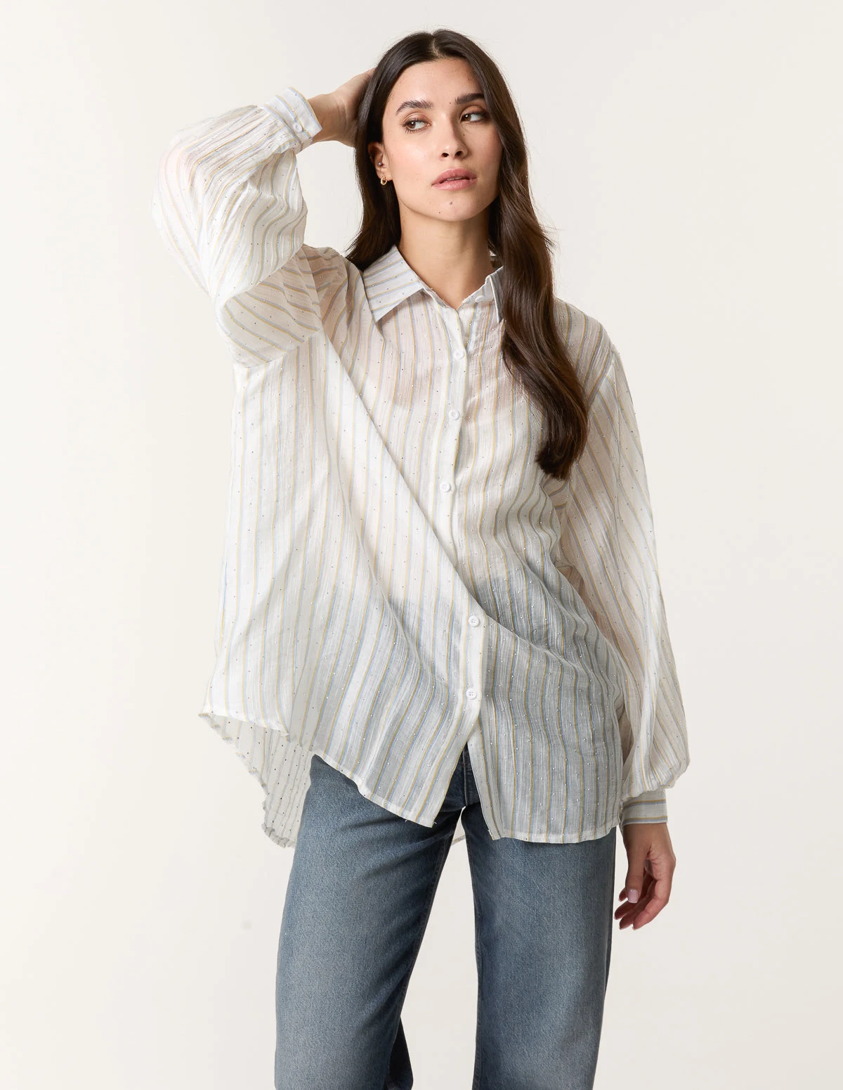 Diamante Detailed Shirt With Vertical Stripes(Diamante Detailed Shirt With Vertical Stripes) 1 Diamante Detailed Shirt With Vertical Stripes(Diamante Detailed Shirt With Vertical Stripes)