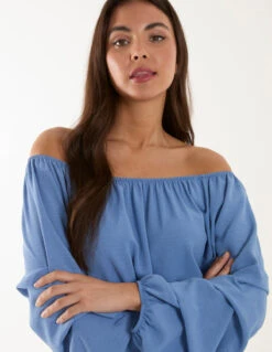 Bardot Elasticated Ruched Sleeve Top 6 Bardot Elasticated Ruched Sleeve Top -Repertoire Fashion Store BV3471 DENIM 18708 1