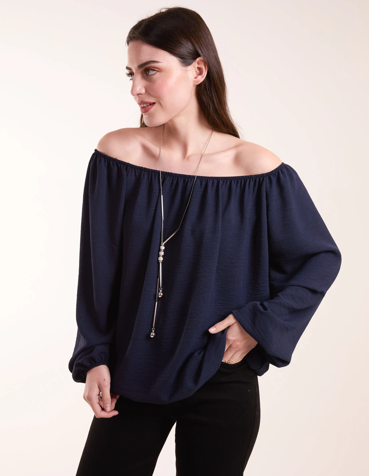 Necklace Bardot Elasticated Top(Navy Necklace Bardot Elasticated Top) 1 Necklace Bardot Elasticated Top(Navy Necklace Bardot Elasticated Top)