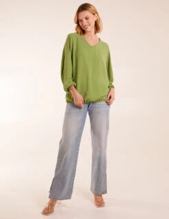 V Neck Puff Sleeve Blouse(Sage V Neck Puff Sleeve Blouse)