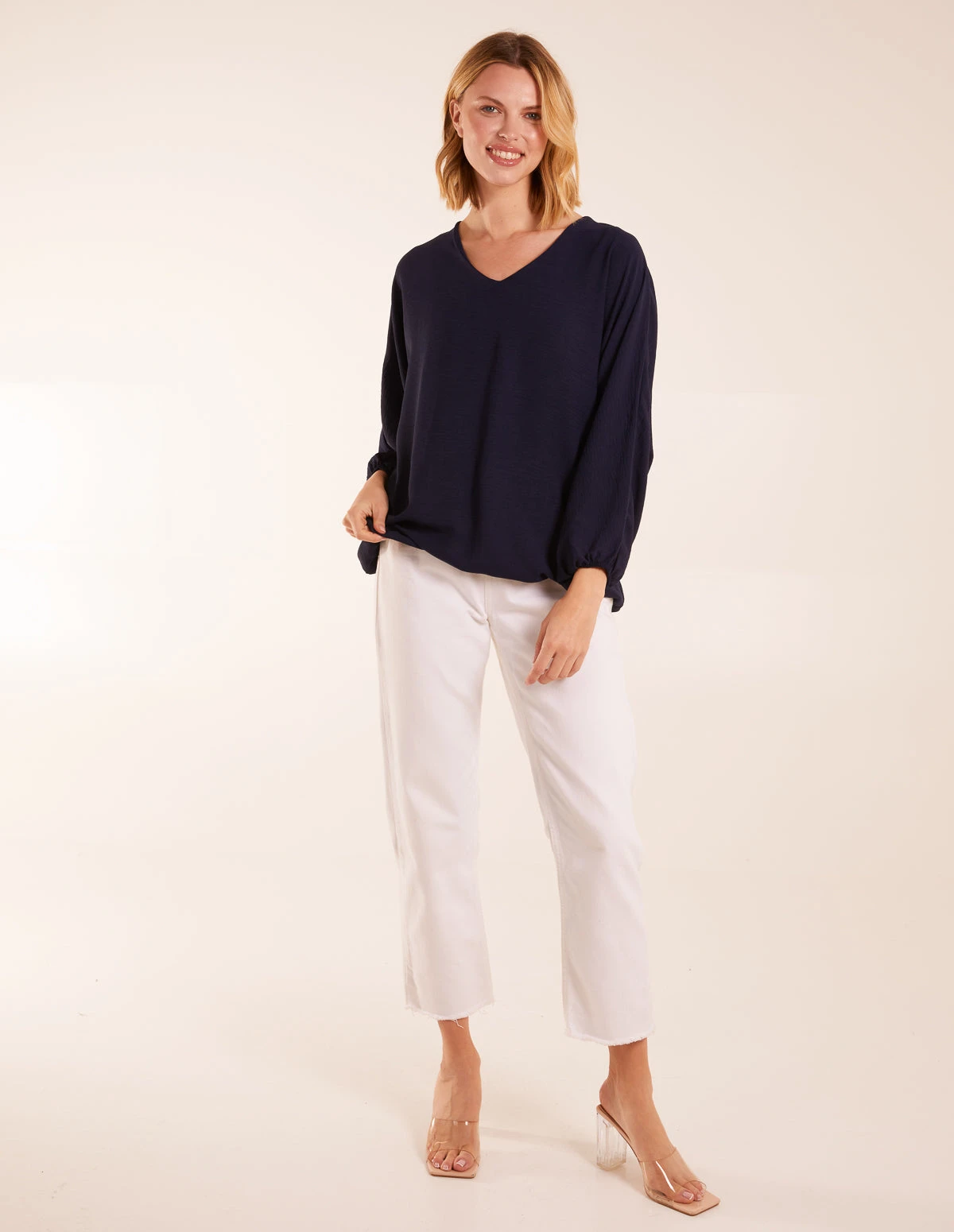 V Neck Puff Sleeve Blouse(Navy V Neck Puff Sleeve Blouse) 3 V Neck Puff Sleeve Blouse(Navy V Neck Puff Sleeve Blouse) - Image 3