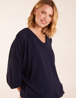 V Neck Puff Sleeve Blouse(Navy V Neck Puff Sleeve Blouse) 5 V Neck Puff Sleeve Blouse(Navy V Neck Puff Sleeve Blouse) -Repertoire Fashion Store BV3502 NAVY 0383