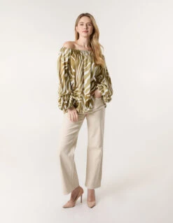 Zebra Satin Ruched Bardot Top(Zebra Satin Ruched Bardot Top) -Repertoire Fashion Store BV3530282 145048