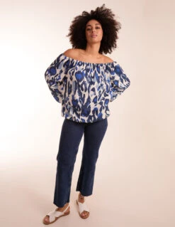 Leopard Print Off Shoulder Top -Repertoire Fashion Store BV3564 BLUE 10511