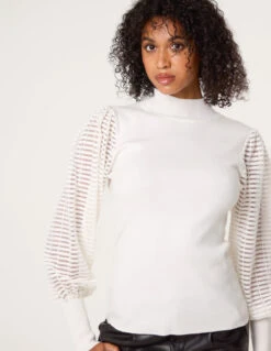 Semi-Sheer Mesh Panel Long Sleeve Jumper(Ivory Semi Sheer Mesh Panel Long Sleeve Jumper)