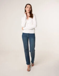 V Neck Diamante Button Cardigan(Ivory V Neck Diamante Button Cardigan) -Repertoire Fashion Store BV3759 IVORY 37187