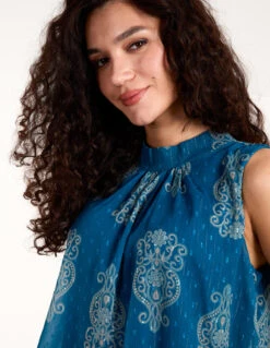 Sleeveless High Neck Puff Ball Top(Sleeveless High Neck Puff Ball Top) -Repertoire Fashion Store BV3797 TEAL 3