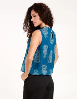 Sleeveless High Neck Puff Ball Top(Sleeveless High Neck Puff Ball Top) -Repertoire Fashion Store BV3797 TEAL 4