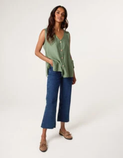 Button Through Side Detail Waistcoat Top(Khaki Button Through Side Detail Waistcoat Top)