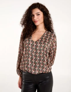 Geometric Print V Neck Bubble Hem Top(Khaki Geoemtric Print V Neck Bubble Hem Top)
