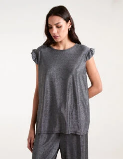 Frill Sleeve Metallic Top(Black Frill Sleeve Metallic Top)