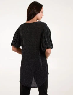 Bubble Sleeve Metallic High Low Top(Silver Bubble Sleeve Metallic High Low Top) -Repertoire Fashion Store BV4514 BLACKSILVER 77917