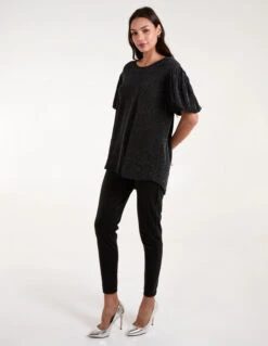 Bubble Sleeve Metallic High Low Top(Silver Bubble Sleeve Metallic High Low Top) -Repertoire Fashion Store BV4514 BLACKSILVER 77931