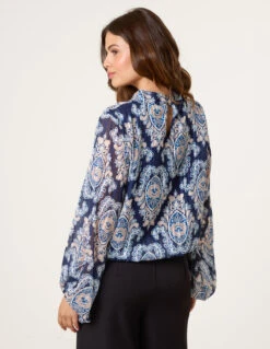 High Neck Bubble Hem Printed Blouse(High Neck Bubble Hem Printed Blouse) -Repertoire Fashion Store BV4636 NAVY 25622 9c698e77 4785 4c41 855c f529c66b0482