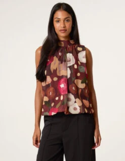 Watercolour Sleeveless High Neck Puffball Top(Chocolate Sleeveless High Neck Puffball Top) -Repertoire Fashion Store BV5364 CHCOLATE 14223